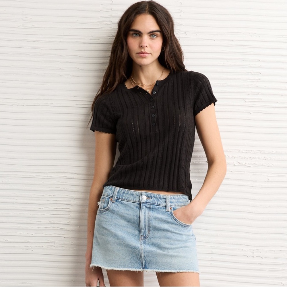 American Eagle Henley Pointelle Sweater Top - Black